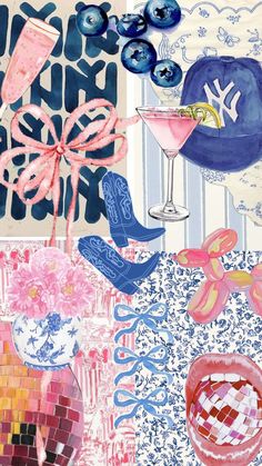 a collage of blue, pink and white items with words that say happy new year