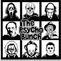 the psych bunch logo with four different characters in black and white, including one man wearing