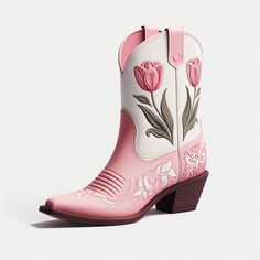 Step out in style with these pink white tulips embroiderychunky heel short boots. Featuring intricate floral details, chunky heels, and a mid-calf design, these cowgirl boots exude charm and elegance. Color: Pink White Heel Type: Chunky heel Heel height: 2.36" / 60 mm approx Product measurements were taken using size 8. Please note that measurements may vary by size. Toe: Pointed toe Pink tulips embroidery design Handcrafted US sizing. Fits true to size. Short Cowgirl Boots, Pink Cowboy Boots, Pink Cowgirl Boots, Cowboy Girl, Pink Cowgirl, Cowboy Outfits, Pink Boots, White Tulips, White Heels