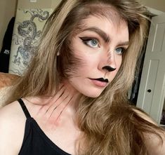 Diy Wolf Makeup For Women, Womens Werewolf Costume, Woman Wolf Costume, Simple Wolf Makeup, Cute Wolf Makeup, Wolf Costume Women Makeup, Wolf Make Up Halloween, Werewolf Makeup Female Halloween, Simple Werewolf Makeup