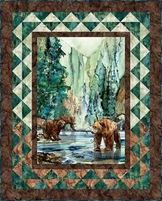 two brown bears walking across a river in front of a mountain range with trees and rocks