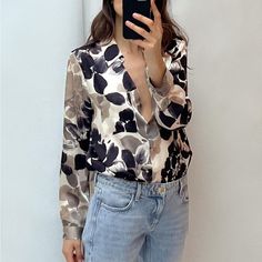 New With Tags, Never Worn, Just Missed The 30day Return Window. Satin Shirt, Zara Tops, Floral Shirt, Button Down Shirt, Colorful Shirts, Zara, Satin, Floral Prints, Womens Tops