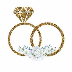 two wedding rings with flowers on them and one diamond in the middle, surrounded by gold glitter