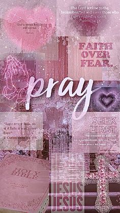 a collage of pink and purple images with the words pray