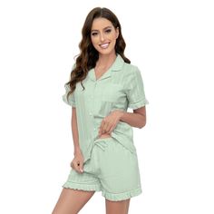 PRICES MAY VARY. ❤【100% COTTON】LYCY short button down pjs for women set is made of woven cotton fabric, soft and comfortable, lightweight and breathable. Put on our 100% Cotton Pajama Set for Women, no matter where you are, you can be relaxed ❤【CUTE DESIGN】Cute 2-piece pajama set with a V-neck top with short sleeves, stitched openwork lace at the cuffs, even ruffles to enhance the layered look and unique textures to enhance a sense of luxury. Pants with adjustable waistband and practical pocket Cotton Sleepwear With Buttons For Pajama Party, Green Cotton Sleepwear With Pockets, Cotton Buttoned Sleepwear For Pajama Party, Cotton Pajama Shorts With Pockets For Pajama Party, Green Sleepwear With Pockets For Pajama Party, Cotton Button-up Sleepwear, Cotton Loungewear Sets With Button Closure, Cotton Sleepwear With Button Closure, Casual Short Sleepwear For Home