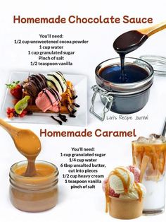 the ingredients for homemade chocolate sauce are shown in this advertment, with information about how to use them