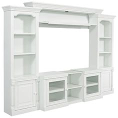 a white entertainment center with shelves and cupboards