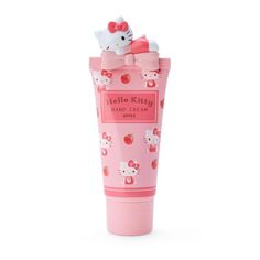 hello kitty hand cream in pink tube on white background