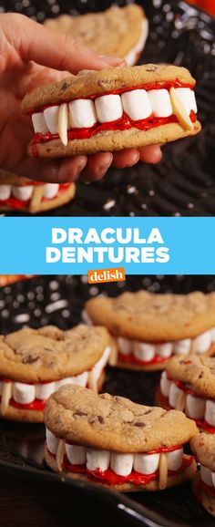 there are cookies with marshmallows on them and the words dracula dentures