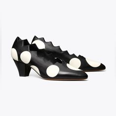 Oversized Polka-Dots, Placed Asymmetrically, Capture The Celebratory Mood. Modern And Graphic, Our Pump Features A Zig-Zag Topline And Tapered Block Heel. Pair It With More Polka-Dot Pieces Or Add Playful Contrast To Pastels And Other Prints. Black/New Ivory, Goat Leather Silver Low Heels, Tory Burch Pumps, Tory Burch Heels, Navy Blue Heels, Black Peep Toe Heels, Lace Up High Heels, Mid Heels Pumps, Tory Burch Sandals, Strappy Sandals Heels