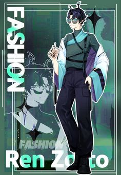 an anime character is standing in front of a green and black background with the words fashion on