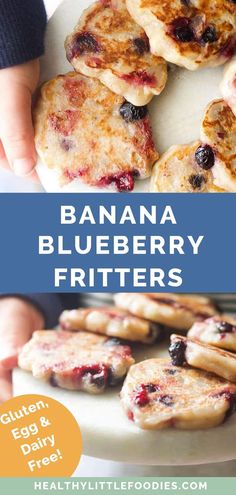 banana blueberry fritters on a white plate with text overlay that reads, gluten egg and dairy free