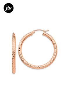 14k rose gold diamond-cut round hoop earrings. Measure approximately 1 3/8"L x 1/8"W and have saddleback backings. Rose Gold Diamonds, 10k Gold, Diamond Cut, Gold Diamond, Diamond Cuts, Hoop Earrings, Rose Gold, Gold