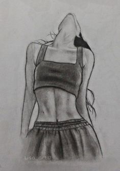 a pencil drawing of a woman with her back to the camera