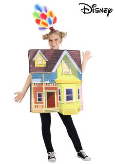 a woman in a house costume with balloons on her head and hands out to the side