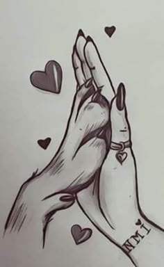 a drawing of two hands holding each other with hearts flying around the ground behind them