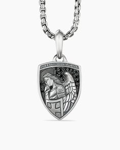 St. Michael Amulet in Sterling Silver with Black Diamonds, 26mm Black Sterling Silver Jewelry With Engraving Option, Religious Symbols, Black Diamonds, Mens Pendant, Amulets, St Michael, Customer Care, High Jewelry, David Yurman