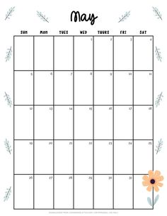 a printable may calendar with flowers on it