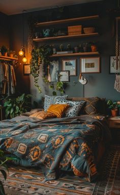 a bed sitting in a bedroom next to a shelf filled with plants and hanging lights