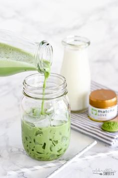 green tea powder being poured into a jar