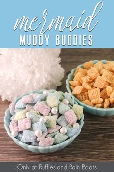 two bowls filled with marshmallow muddy buddies