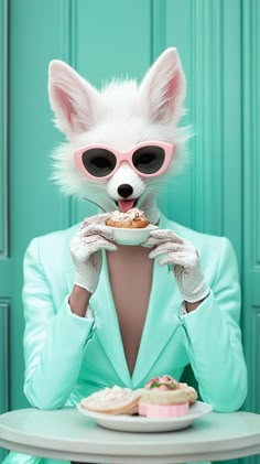 a white fox wearing sunglasses and holding a cupcake in front of her face while sitting at a table