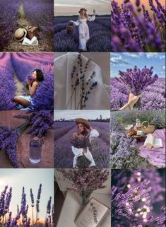 a collage of photos with lavenders in the foreground and an image of a woman wearing a hat