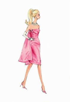 a drawing of a woman wearing a pink dress and high heeled shoes with her hand on her hip