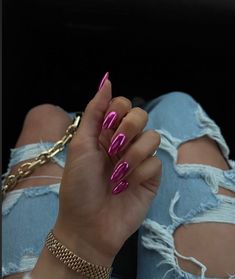 Bridesmaids Nails, Pink Chrome Nails, Hot Pink Nails, Pink Chrome, Acrylic Press On Nails, Metallic Nails, Pink Nail, Dream Nails, Funky Nails