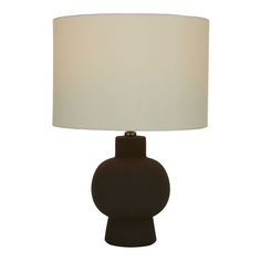 a black table lamp with a white shade