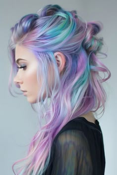 Fun Balayage Hair, Pastel Hair Colors, Iridescent Hair, Pastel Rainbow Hair, Glitter Roots, Unicorn Hair Color, Holographic Hair, Opal Hair, Mermaid Hair Color