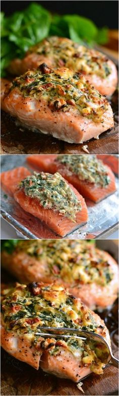 salmon fillets with herbs and seasonings on them