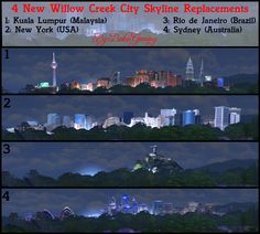 four views of the city skyline at night from across the river, with text below it that reads 4 new willow creek city skyline placements