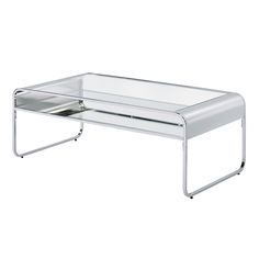 a glass coffee table with metal legs