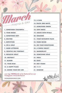 the march photo day list is shown with flowers and leaves on pink background, which says march