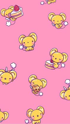 a pink background with small cartoon bears eating cake and other food items on top of it