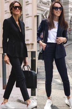 Formal Sport Mujer, Black Suits With Sneakers Women, Black Suit White Sneakers, Fitted Black Unstitched Suit For Semi-formal Occasions, Black Professional Formal Blazer, Psychologist Outfit Professional Women, Classic Black Semi-formal Pantsuit, Black Semi-formal Professional Pantsuit, Psychologist Outfit