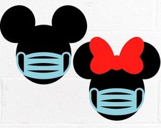 mickey and minnie mouse face masks with red bows on their ears, one wearing a surgical mask