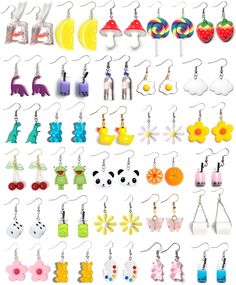 PRICES MAY VARY. Package included: you will receive 30 pairs of cute weird earrings set in 30 different trendy styles, mushroom, strawberry, gummy bear, boba milk tea earrings, goldfish, water bottle, daisy flower, dinosaur, egg, panda, frog, cherry, cloud, orange, food earrings style, dice, Toilet paper, and so on. Reliable material: these funny dangle drop earrings are made of alloy and resin, which are reliable and sturdy, comfortable to wear, skin-friendly, safe to use, not easy to fade and Egirl Clothing, Earrings Weird, Crazy Earrings, Weird Earrings, Earrings Funny, Funny Earrings, Indie Y2k, Dinosaur Earrings, Y2k Accessories