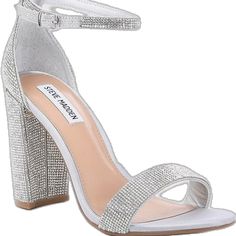 Silver Heels With Bling And Ankle Strap, Silver Ankle Strap Heels With Bling, Silver Glitter Ankle Strap Heels, Silver Steve Madden Heels Sparkle, Steve Madden Glitter Heels, Silver Rhinestone Heels, Heels With Ankle Strap, Steve Madden Heels, Prom Theme