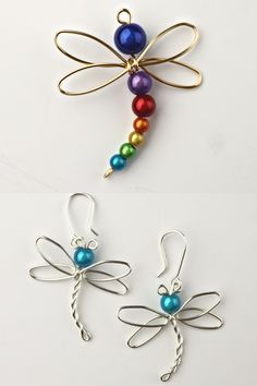 two dragon shaped earrings with multicolored beads on each earring and one dangling from the back