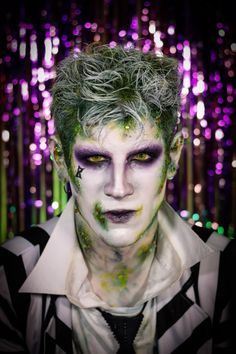 #beetlejuice #makeup #makeupart Mens Beetlejuice Makeup, Beetlejuice Makeup Male, Beetlejuice Mens Makeup, Beetlejuice Sandworm Makeup, Beetle Juice Makeup Men, Green Skeleton Makeup, Beetle Juice Makeup