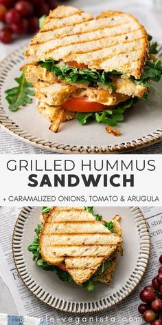 grilled hummus sandwich with caramelized onions, tomato and arugula