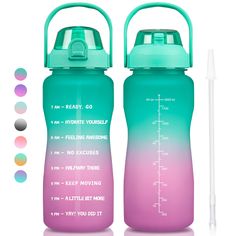 two water bottles next to each other on a white background with different colors and sizes