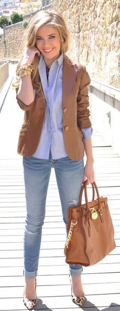 Brown and Blue Combination Ideas For Work                              … Cute Blazer Outfits, Blazer Outfits Casual, Mode Casual, Classy Casual, Casual Work Outfits, Blazer Outfits, 가을 패션, Work Outfits Women