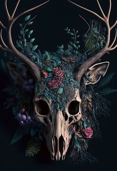 a deer skull with antlers and flowers on it's head in the dark