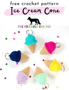 crochet ice cream cone keychain with the text free crochet pattern