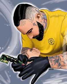 a drawing of a man with tattoos on his arm