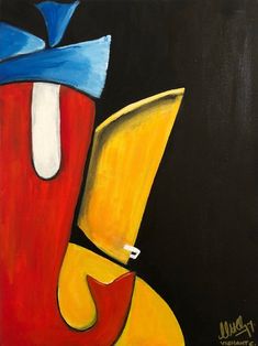 a painting of a red vase with a blue bow on it's head and another yellow object in the background