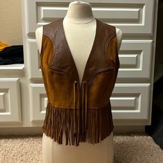 Beautiful Fringe Detail. Made In Usa, Albuquerque, Nm. Says Size 14 But It Fits Will On My Size 6/8 Mannequin. Great For Festivals, Concerts, Rodeo Or Western Event. Western Vest Outfit, Western Event, Cowboy Vest, My Size, Tan Brown, Rodeo, Made In Usa, Cowboy, Womens Tops